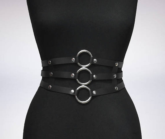 Women Black Leather Waist Belts Sexy Body Harness 3 Layer PU Metal Hoop Patchwork Rivet Belt for Lady - Alternative Gothic Dark Wear | Embrace Dark Aesthetic Men & Women Gothic Clothing
