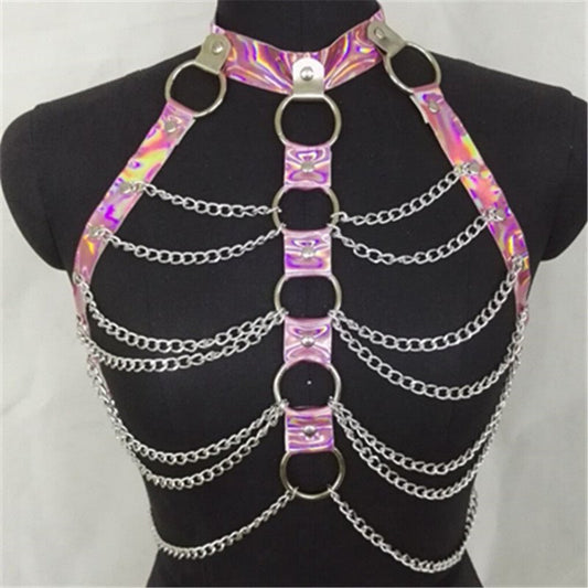 Women Halter Color Body Harness Bondage Party Chain Belt Festival Rave Costume Clubwear Holographic Belt Pastel Goth Top - Alternative Gothic Dark Wear | Embrace Dark Aesthetic Men & Women Gothic Clothing