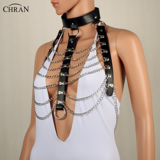 Chran Leather Harness Bondage Beach Chain Collar Goth Choker Shoulder Necklace Jewelry Accessories Erotic Lingerie Wear CRBJ821 - Alternative Gothic Dark Wear | Embrace Dark Aesthetic Men & Women Gothic Clothing