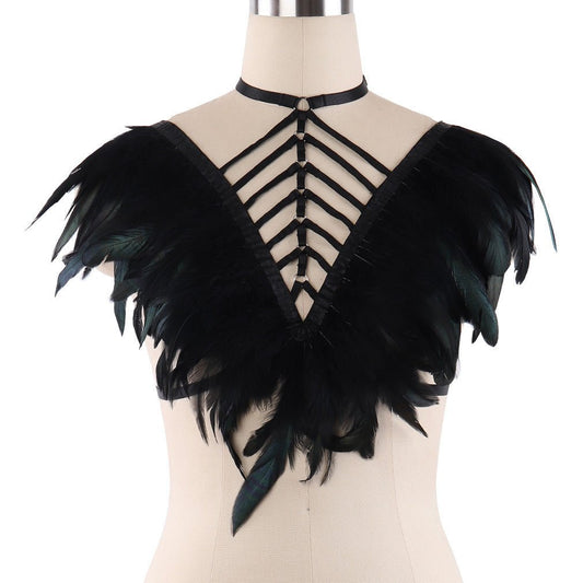 Women's Fashion Prom Black Gothic Harness Feather Tie Top - Alternative Gothic Dark Wear | Embrace Dark Aesthetic Men & Women Gothic Clothing