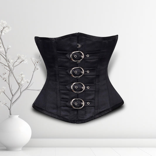 Alissa Black Satin Underbust Corset Sleek Waist Sculptor Buckle Style - Alternative Gothic Dark Wear | Embrace Dark Aesthetic Men & Women Gothic Clothing