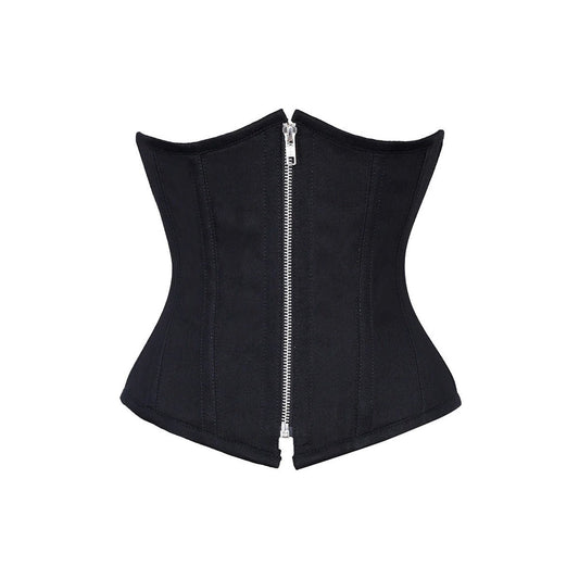 Allison Underbust Corset Black Cotton Steel Boned Waist Trainer with Zipper - Alternative Gothic Dark Wear | Embrace Dark Aesthetic Men & Women Gothic Clothing