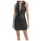 Women Genuine Leather Sexy Black Zip Front Dress Quilted leather Mini Sleeveless Dress Women Genuine Leather Sexy Black Zip Front Dress Quilted leather Mini Sleeveless Dress