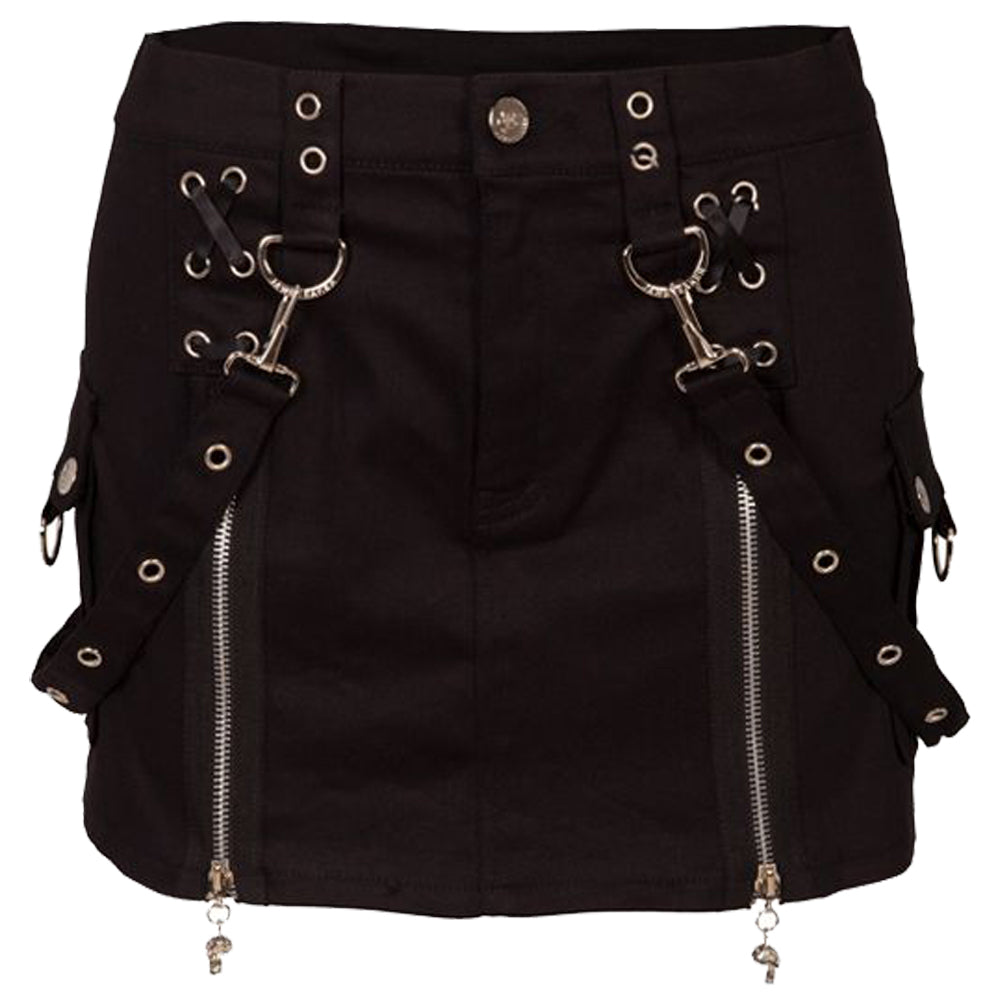 Black Goth Faux Fur Mini Skirt with Edgy Studded Belt