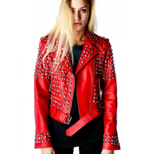 Women Red Leather Jacket Silver Studded Genuine Leather Jacket with Bold Stylish Design - Alternative Gothic Dark Wear | Embrace Dark Aesthetic Men & Women Gothic Clothing