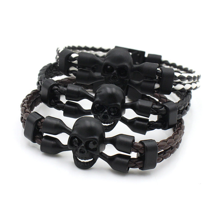 Neutral Men Skull Black Button Leather Bracelet Bold and Stylish Style