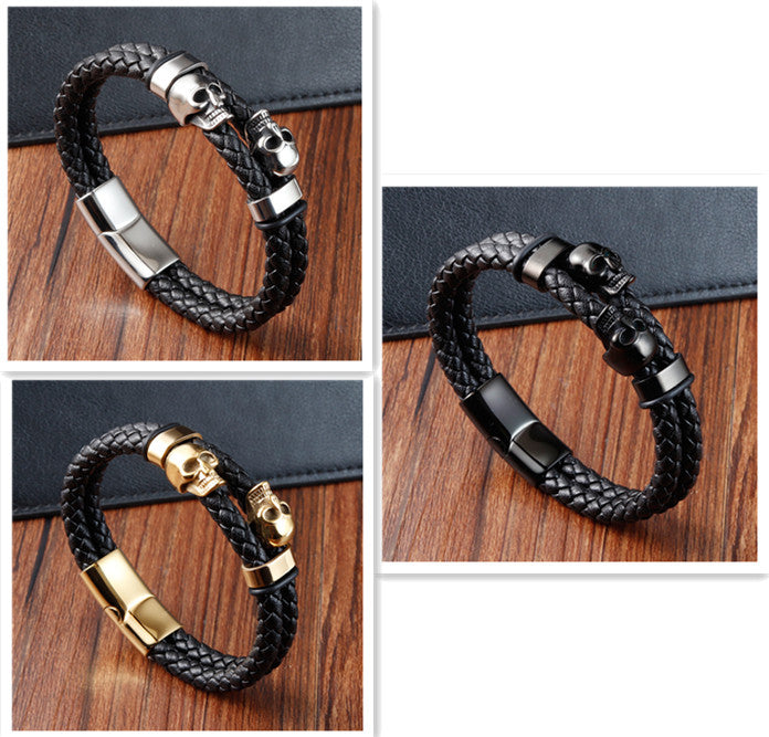 Skull Stainless Steel and Leather Bracelet Bold Gothic Style