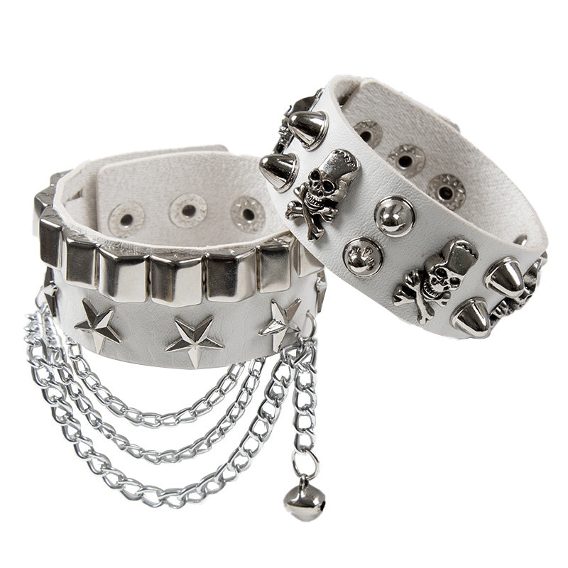 Punk Wide Leather Skull Personality Rivets Pentagram Bracelet