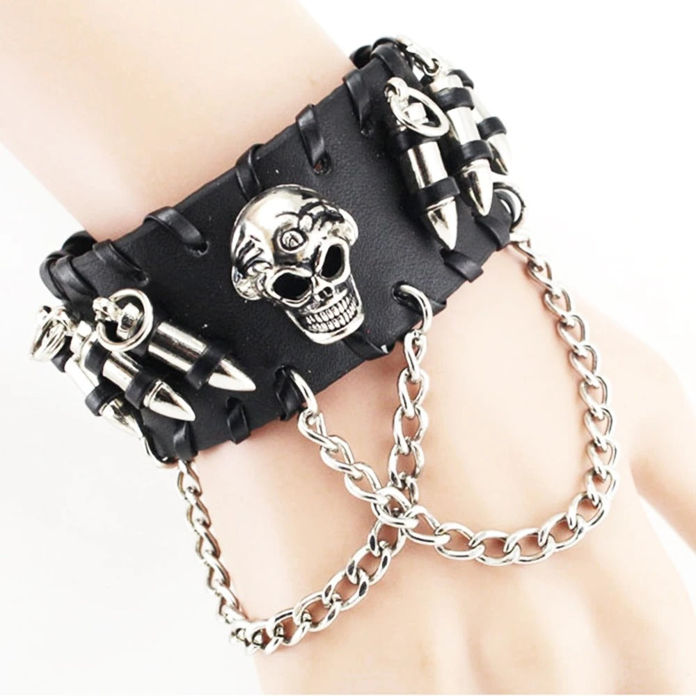 Personalized leather skull bullet alloy bracelet