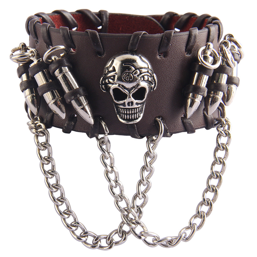 Personalized leather skull bullet alloy bracelet