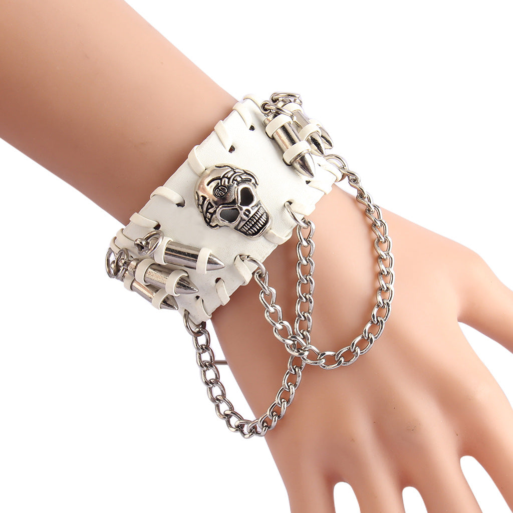 Personalized leather skull bullet alloy bracelet