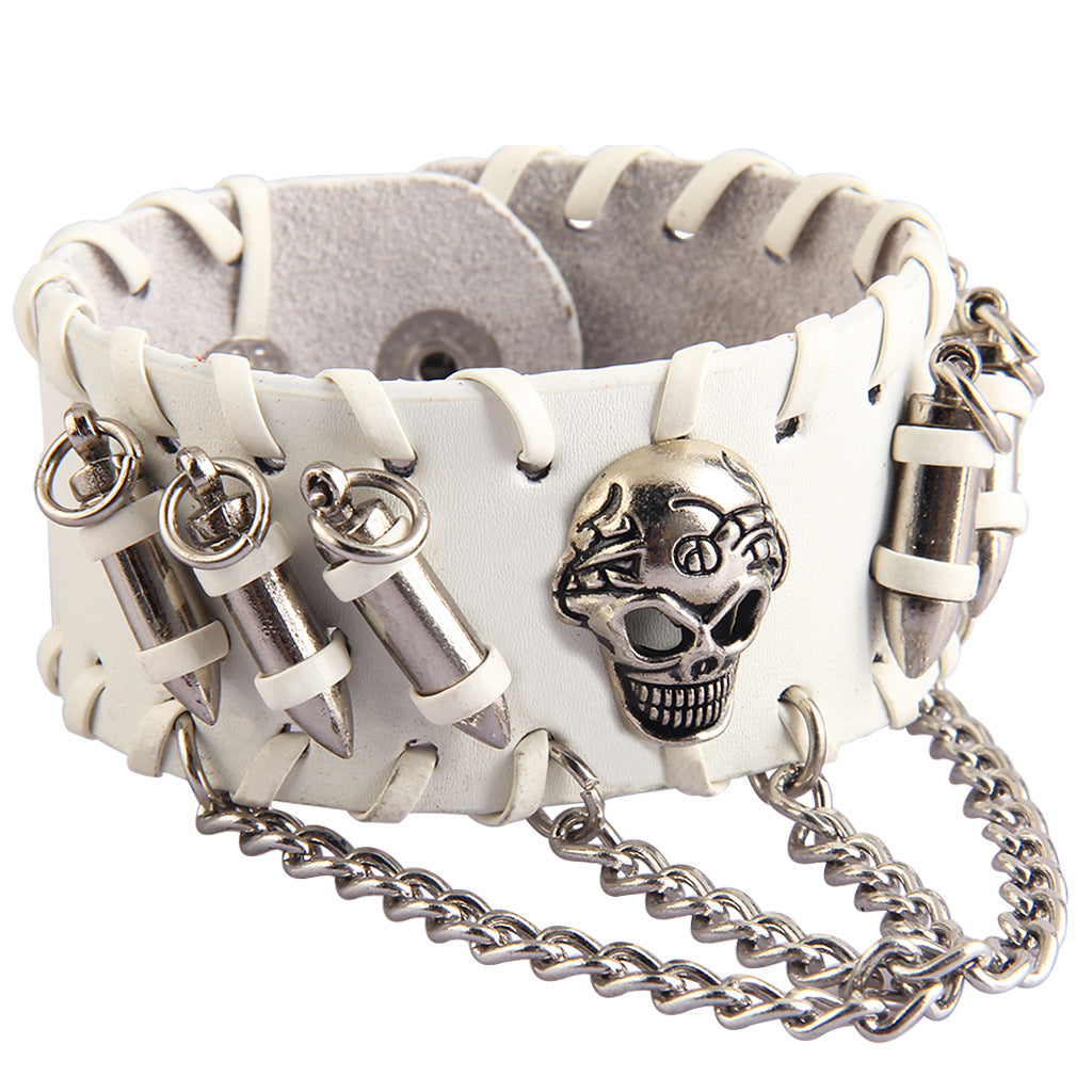 Personalized leather skull bullet alloy bracelet