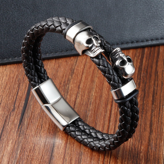 Skull Stainless Steel and Leather Bracelet Bold Gothic Style