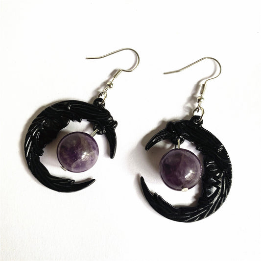 Gothic Face Black Crescent Amethyst Pendant Necklace Earrings