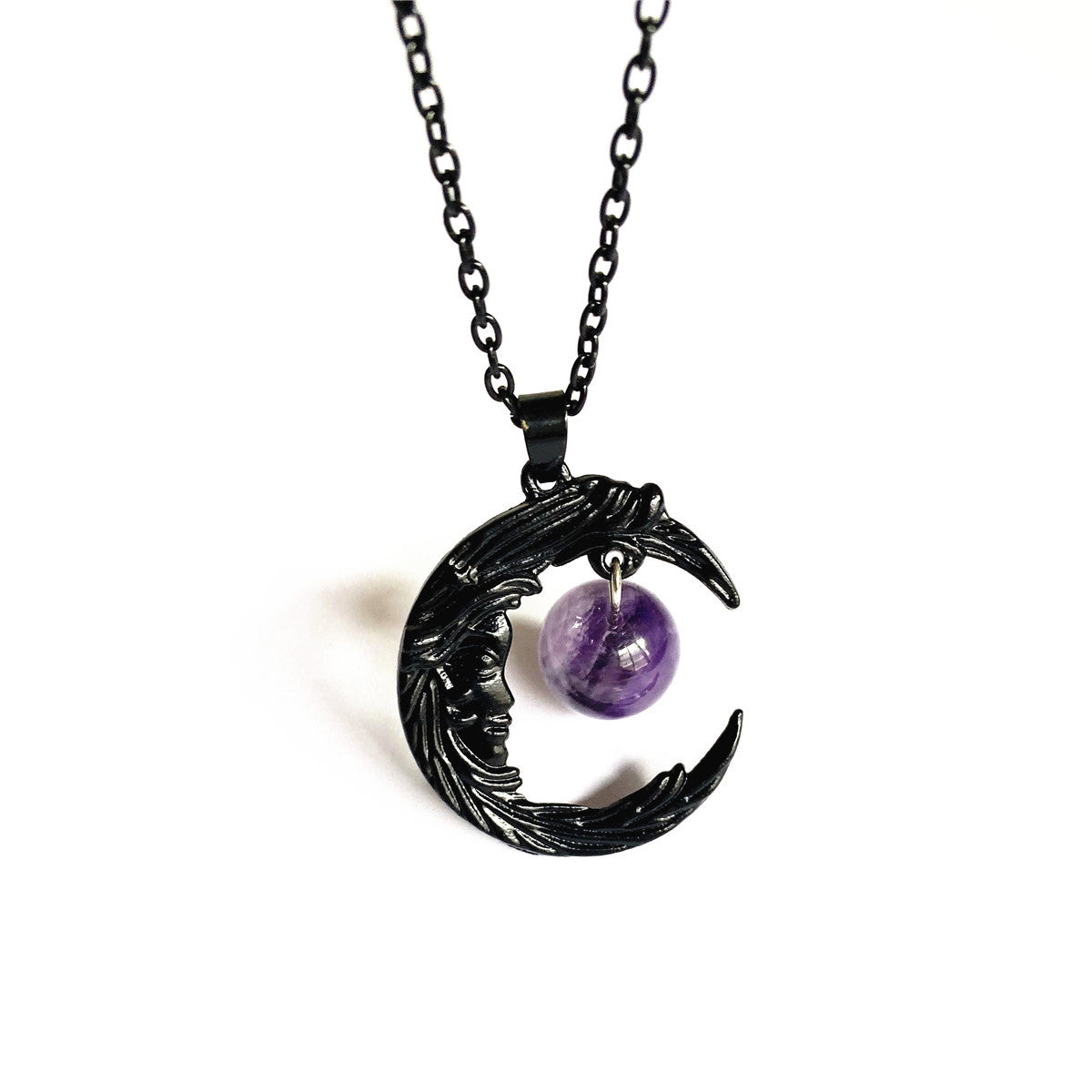 Gothic Face Black Crescent Amethyst Pendant Necklace Earrings