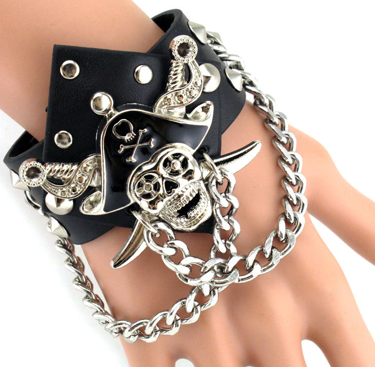 Aroncent 3 Piece Set Spike Studded Rivet Punk Rock Biker Leather Bracelets with Wide Straps and Adjustable Chain Wristbands