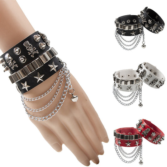 Punk Wide Leather Skull Personality Rivets Pentagram Bracelet