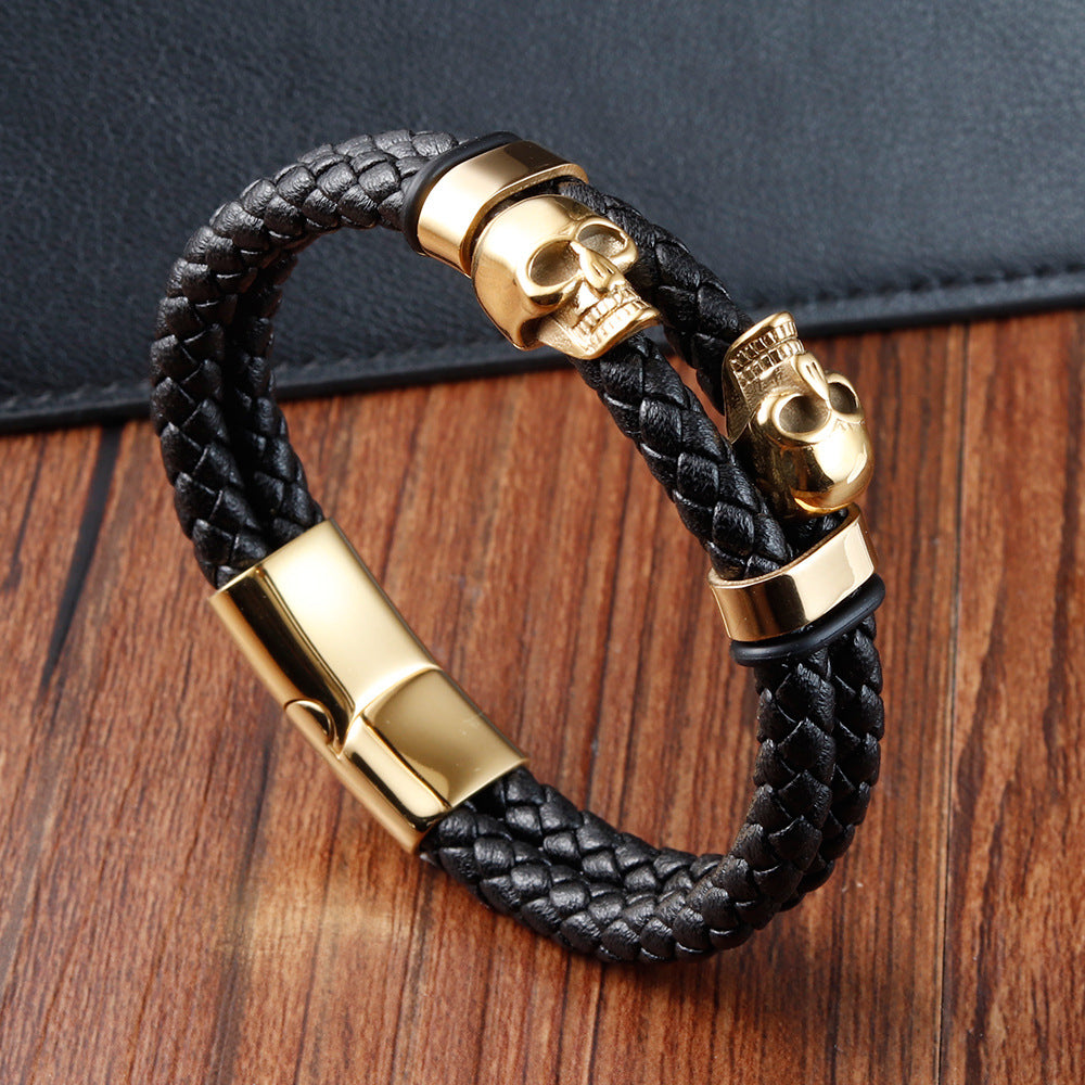 Skull Stainless Steel and Leather Bracelet Bold Gothic Style