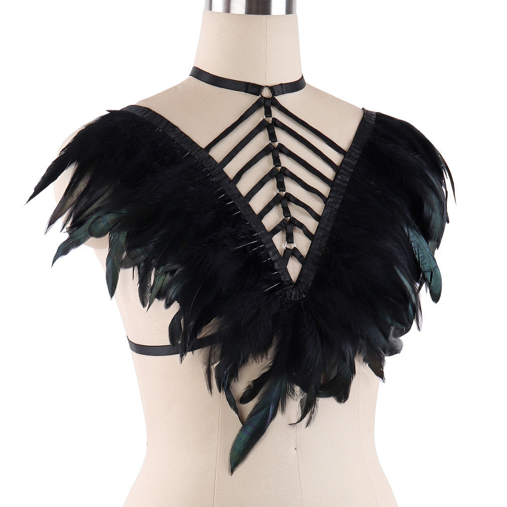 Women's Fashion Prom Black Gothic Harness Feather Tie Top