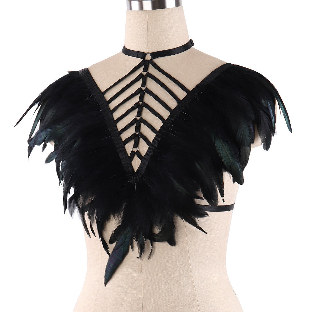 Women's Fashion Prom Black Gothic Harness Feather Tie Top