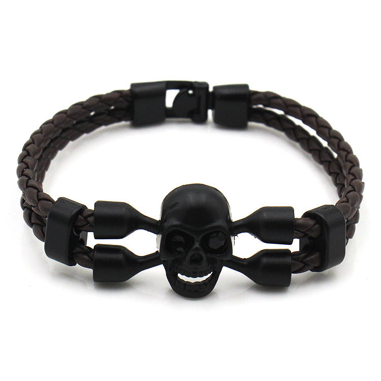 Neutral Men Skull Black Button Leather Bracelet Bold and Stylish Style