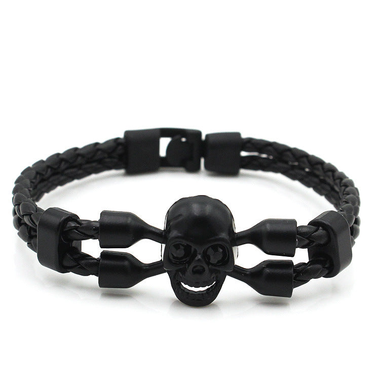 Neutral Men Skull Black Button Leather Bracelet Bold and Stylish Style