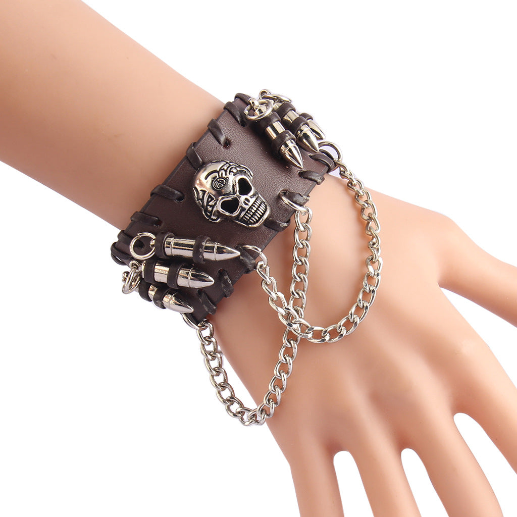 Personalized leather skull bullet alloy bracelet