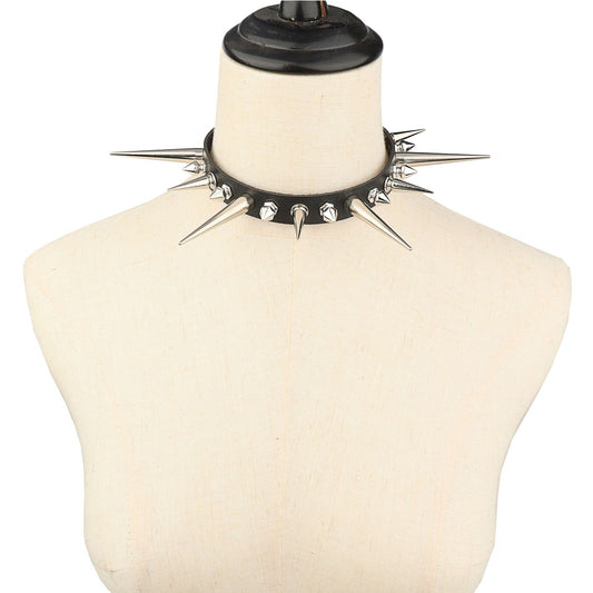 Punk Gothic Long And Short Rivet Spike Leather Collar Leather Necklace