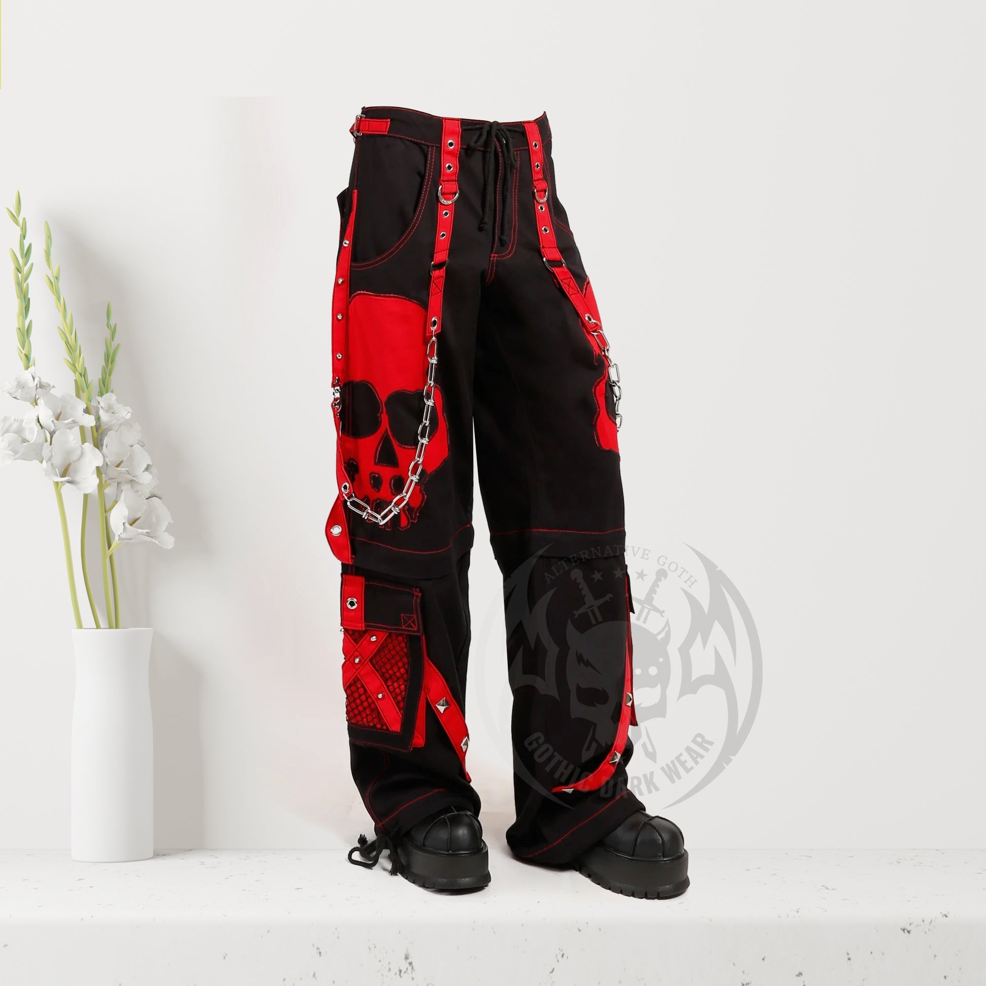 Men Gothic Red Skull Trousers Dark Street Punk Pants Baggy Style Trousers