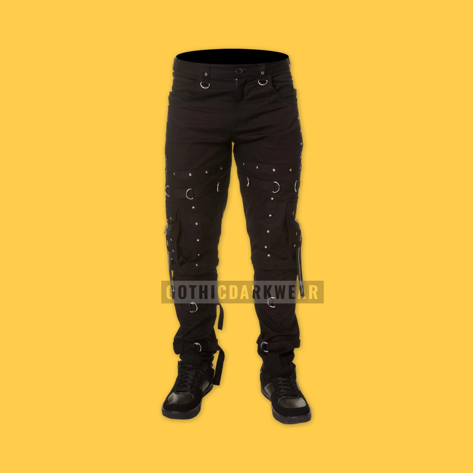 Men Gothic Punk Rock Pants Black Cotton Studded Trousers Gothic Pants