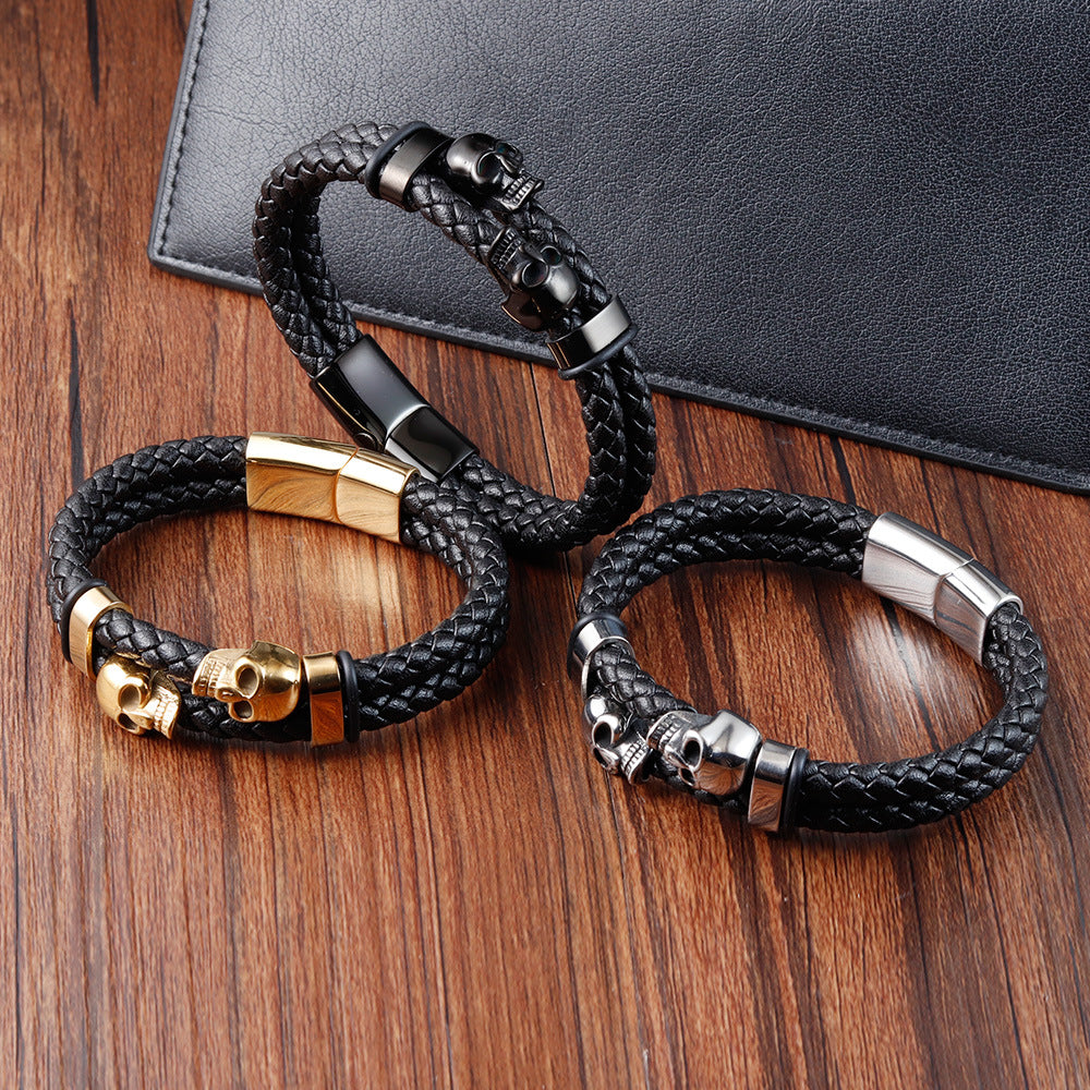 Skull Stainless Steel and Leather Bracelet Bold Gothic Style