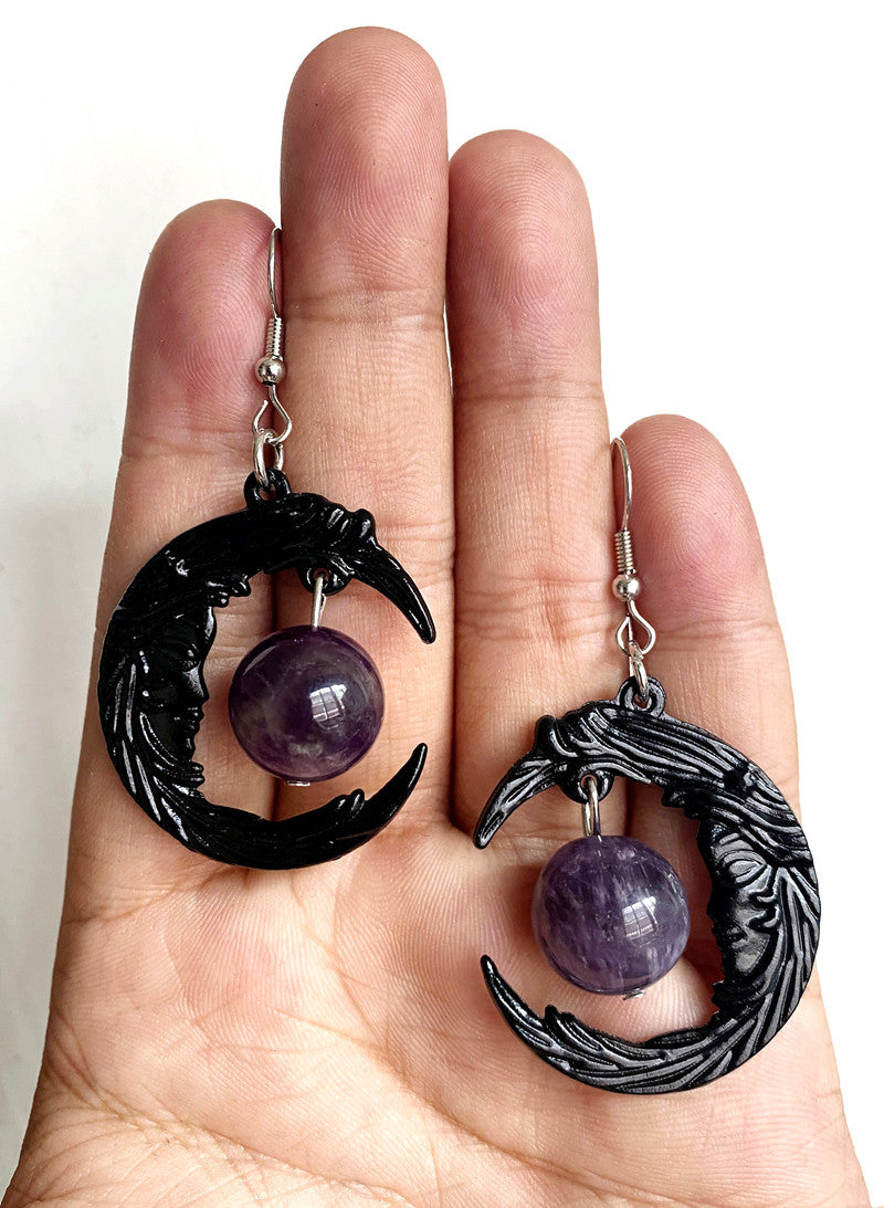 Gothic Face Black Crescent Amethyst Pendant Necklace Earrings