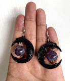 Gothic Face Black Crescent Amethyst Pendant Necklace Earrings