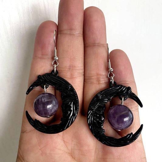 Gothic Face Black Crescent Amethyst Pendant Necklace Earrings