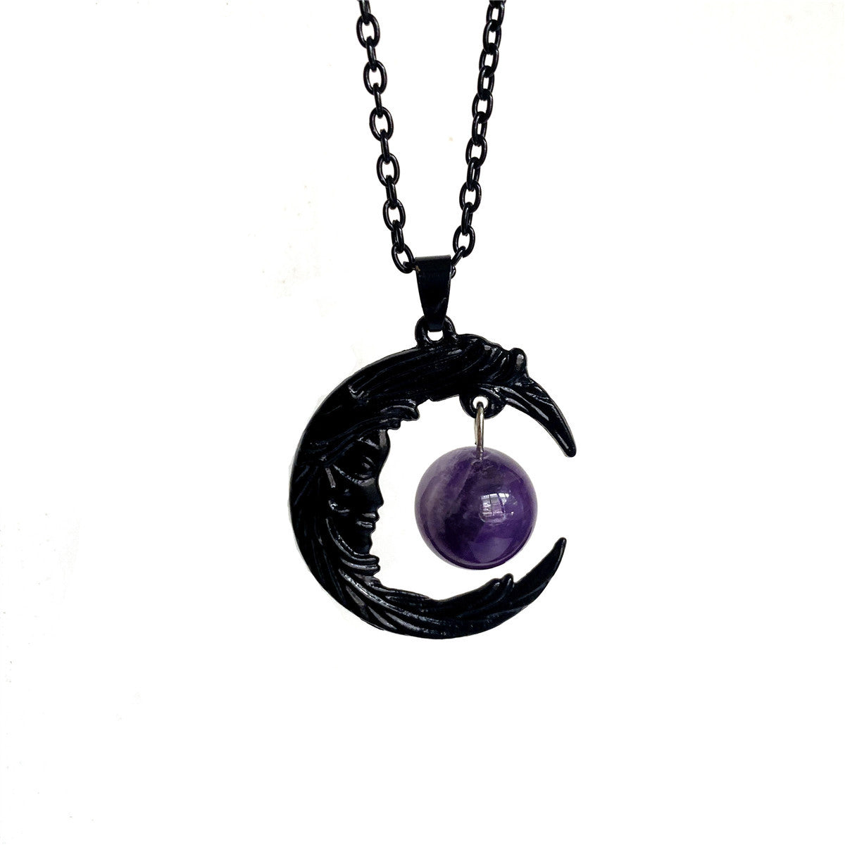 Gothic Face Black Crescent Amethyst Pendant Necklace Earrings