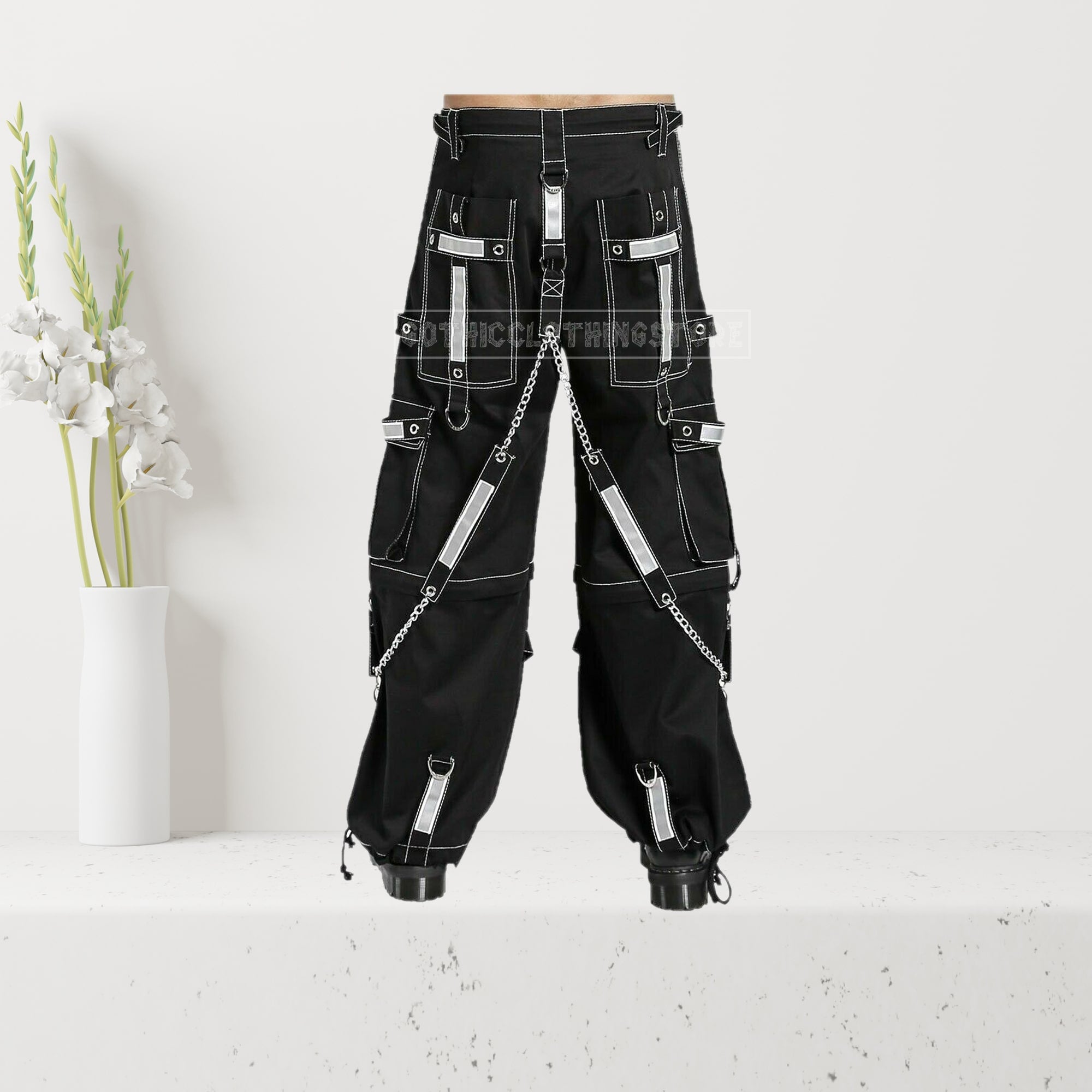 Handmade Men's Black Goth Pants, Modern Black Cargo Punk Pants Bondage Reflective with White traps, Alternative Punk Rock Trouser Pant Shorts