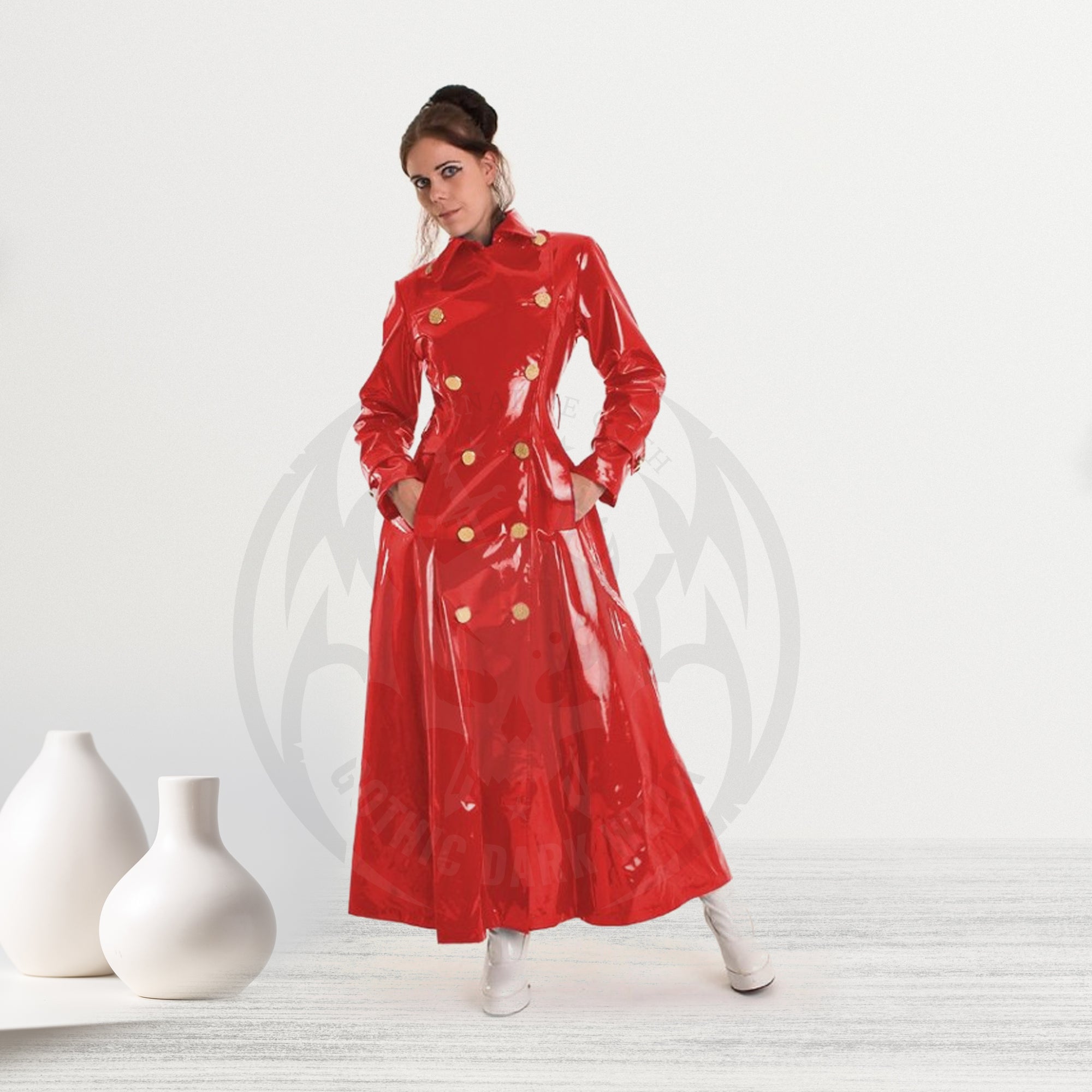 Women PVC Vinyl Long Coat Red/Blue PVC Raincoat PVC Trench Coats Ladies Emo Fashion Coat