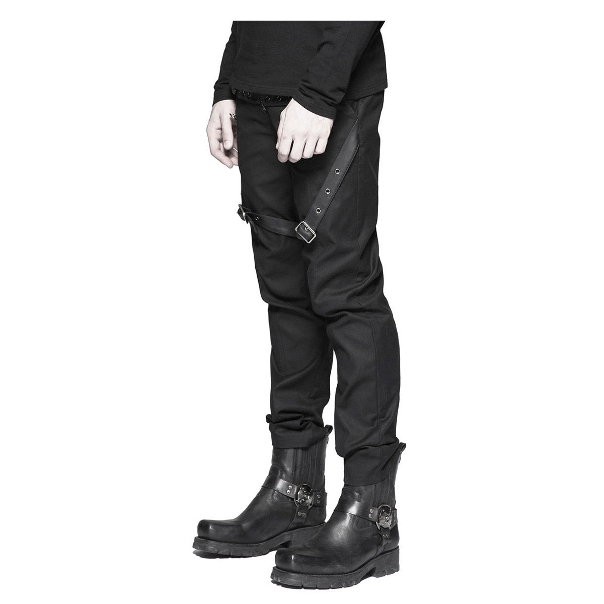 Men Gothic Punk Style Pant Leather Straps Military High Waist Cotton Pant - Alternative Gothic Dark Wear | Embrace Dark Aesthetic Men & Women Gothic Clothing