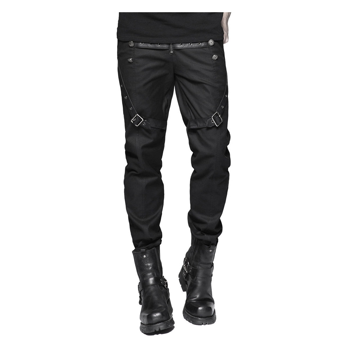 Men Gothic Punk Style Pant Leather Straps Military High Waist Cotton Pant - Alternative Gothic Dark Wear | Embrace Dark Aesthetic Men & Women Gothic Clothing