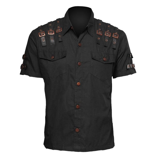 Mens Officer Short Sleeve Steampunk Shirt - Alternative Gothic Dark Wear | Embrace Dark Aesthetic Men & Women Gothic Clothing