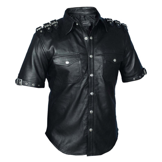 Mens Gothic pUNK Rock Real Leather Shirt Fetish Club Shirt - Alternative Gothic Dark Wear | Embrace Dark Aesthetic Men & Women Gothic Clothing