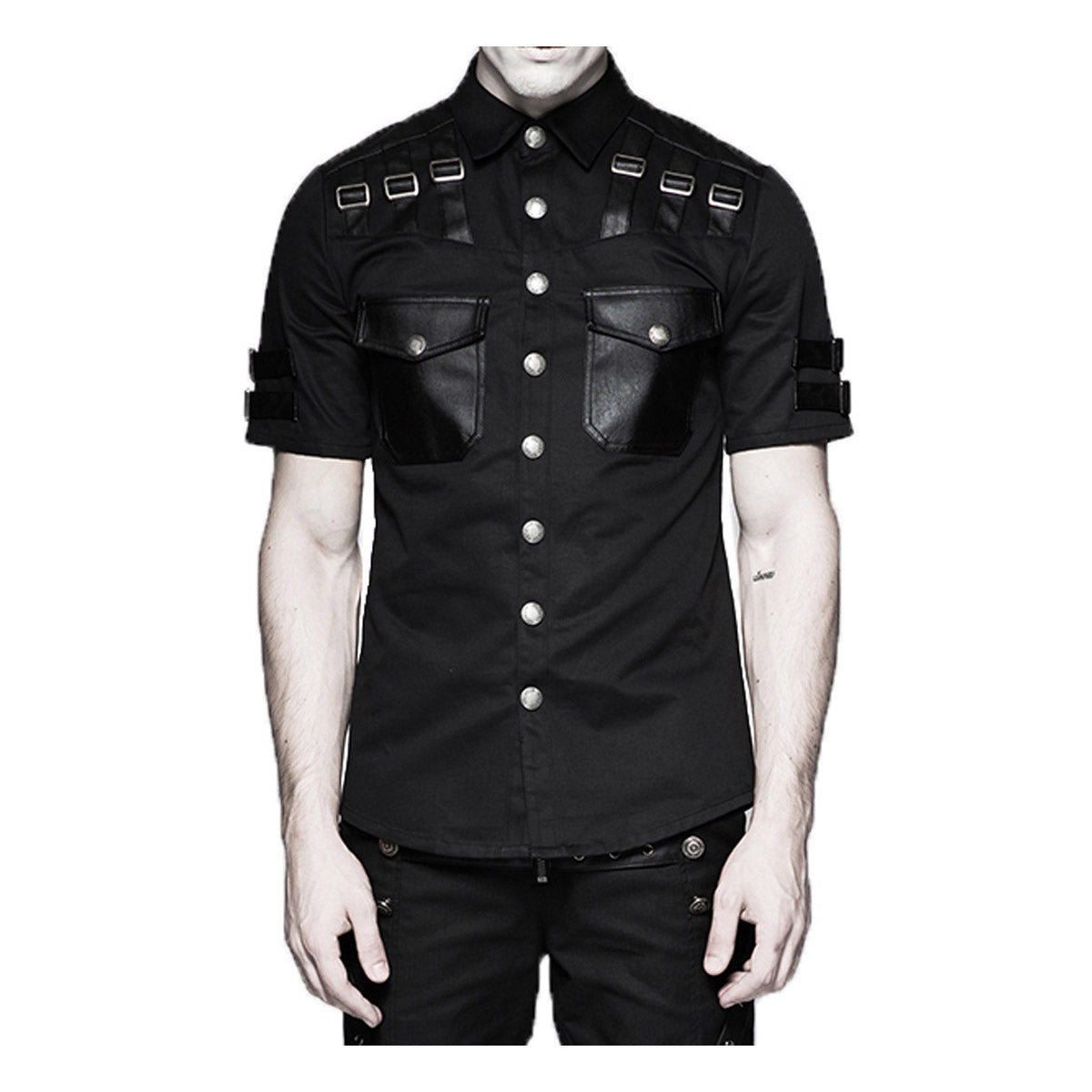 Men Gothic Shirt Military Summer Shirt Punk Style Short Sleeve Back Shirt - Alternative Gothic Dark Wear | Embrace Dark Aesthetic Men & Women Gothic Clothing