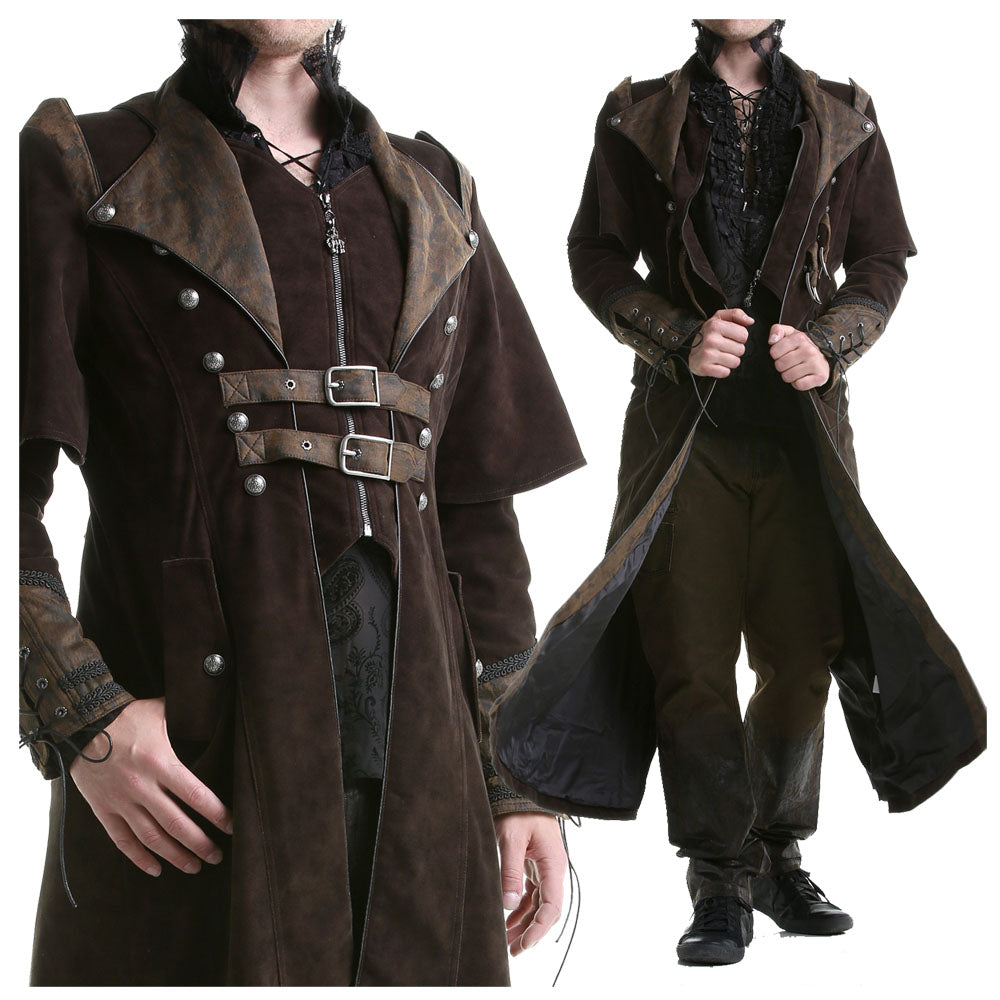 Handmade Men Gothic Long Coat High Collar Winter Coat Brown Halloween Wool Coat