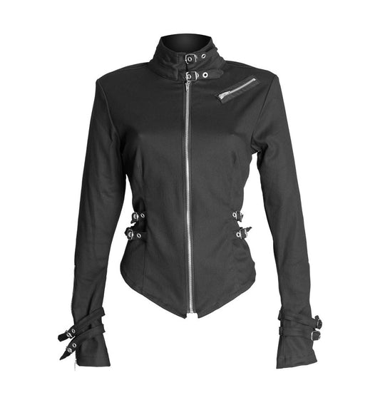 Women Gothic Military Jacket Black Long Sleeve Blouse with Metal Details & Denim Punk Style