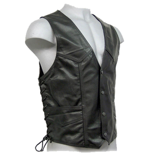 Men Black Leather Vest Gothic Side Lace And Snap Front Vest For Men - Alternative Gothic Dark Wear | Embrace Dark Aesthetic Men & Women Gothic Clothing