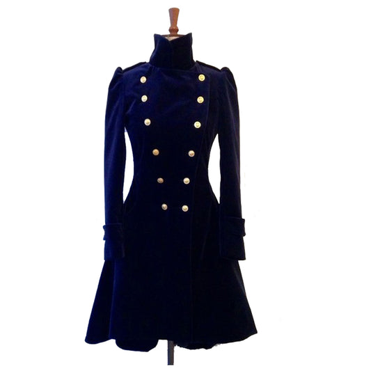 Handmade Women Blue Velvet Coat Double Breasted Frock Women Gothic Coat Ladies Velvet Gothic Long Coat