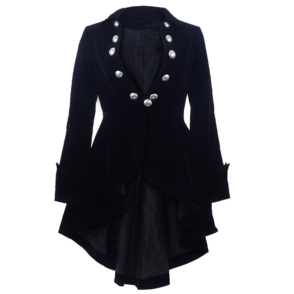 NEW Women Black Velvet Coat Wine Waterfall Gothic Jacket Victorian Ruffle Frock