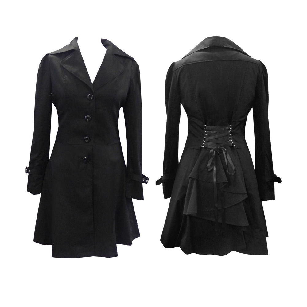 Handmade Women Steampunk Collared Ruffle Coat Victorian Corset Riding Jacket Black Long Coat