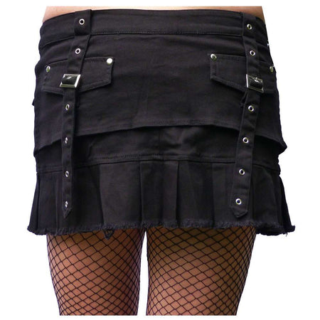 Women Gothic Black Mini Skirt With Eylet Strap Pock Short