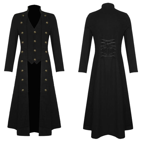 Men Black Cotton Twill Steampunk Jacket Gothic Victorian Military Style Trench Coat